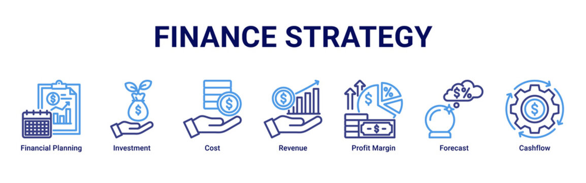 Finance Strategy web banner icon vector illustration with icons of Financial Planning,Investment,Cost,Revenue,Profit Margin,Forecast and Cashflow