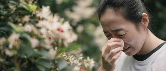 Fototapeta premium Asian woman with watery eyes during pollen season, wiping her eye