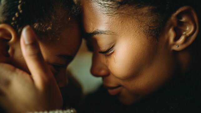 Black mother softly wiping tears from her child's face, close intimate moment