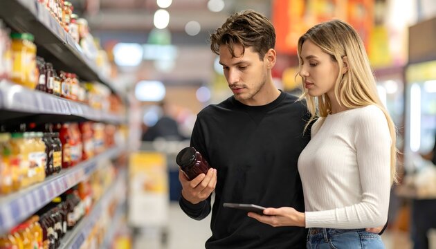 Pareja joven comparando etiquetas de productos en un pasillo de supermercado durante la compra