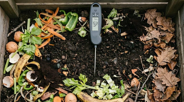 Digital Compost Temperature Probe Inserted in Rich Brown Compost with Vegetable Scraps Flat Lay
