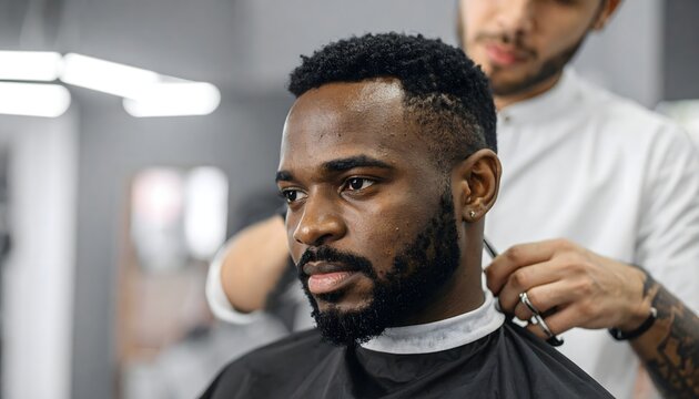 Hombre recibiendo un corte de pelo en barber&iacute;a moderna con barbero trabajando en segundo plano