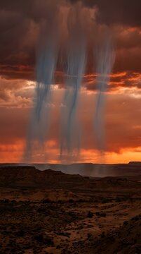 Virga Rain Evaporating Before Reaching Desert Ground in Translucent Curtains of Falling Water