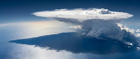 Fototapeta premium Tropical Anvil Cloud Casting a Two Hundred Kilometer Shadow Across the Ocean in Dramatic Aerial Scale
