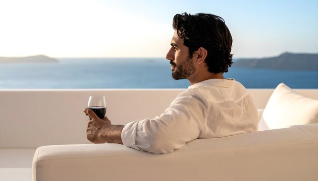 Hombre relajado con copa de vino contemplando el mar desde una terraza luminosa con vistas costeras