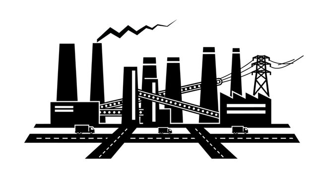 Industrial factory with smokestacks and roads.