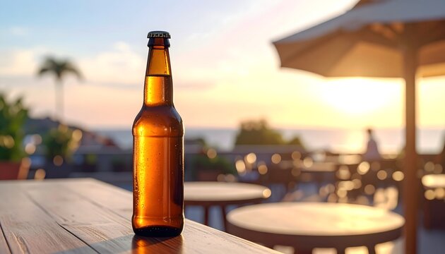 Botella de vidrio &aacute;mbar sin etiqueta sobre mesa de madera al atardecer en terraza veraniega