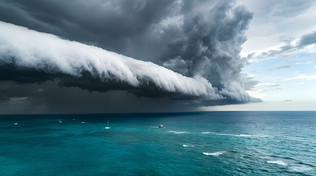 Arcus Shelf Cloud Advances at Ocean Level with Dark Base and Turquoise Caribbean Drama