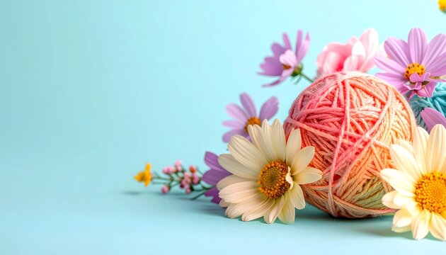 Ovillo de lana rosa decorado con flores sobre fondo azul pastel en composici&oacute;n primaveral minimalista