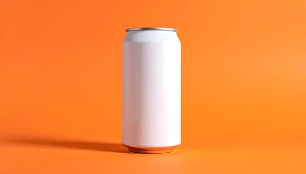 Lata blanca sin marca sobre fondo naranja en composici&oacute;n minimalista para mockup de bebida