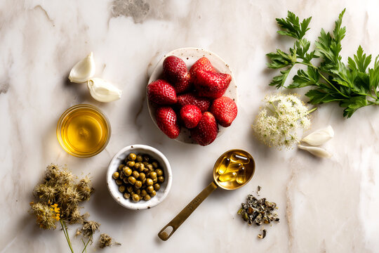 Senolytic longevity foods flatlay with quercetin rich capers radishes olive oil garlic and fresh parsley arranged on white marble surface