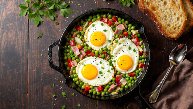 Top-Down Flat Lay Argentine Colch&oacute;n de Arvejas - Eggs on Green Peas with Bell Peppers and Ham - Traditional Healthy Comfort Food - Deep Focus Food Photography