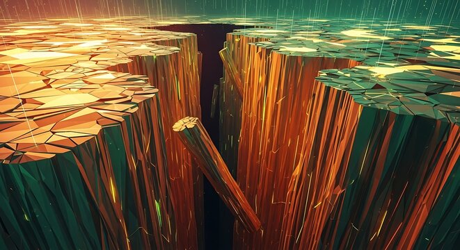 Abstract canyon landscape with textured vertical rock columns.