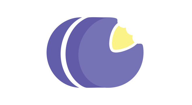 A semi-circle shape with two vertical stripes. Part of the shape is eaten away, revealing a yellow inner area. Purple & white