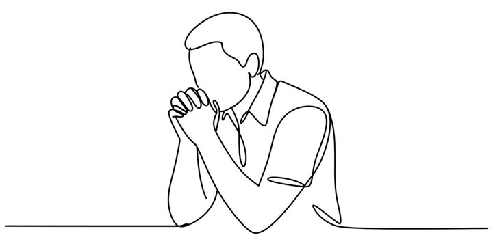 A single continuous line drawing of a thoughtful man with hands clasped in deep contemplation