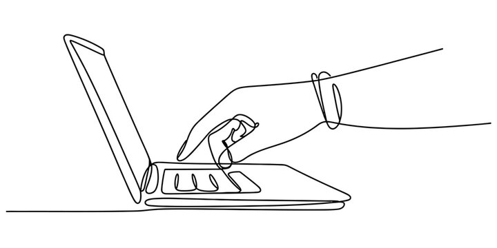 A continuous line drawing of a person typing on a laptop computer showing minimalist art style