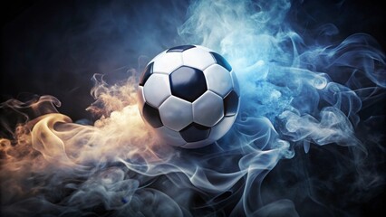 Fototapeta premium A soccer ball engulfed in swirling smoke, a dramatic visual representation of intense competition and the thrill of victory