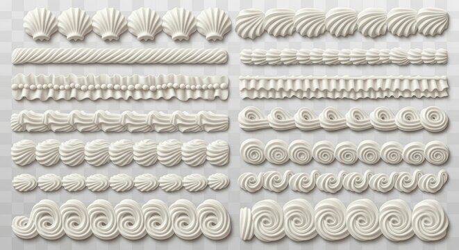 White whipped cream borders set, decorative cake frosting swirls and piping patterns, 14 sweet cream icing elements for bakery design