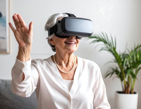 An elderly woman experiences virtual reality with a headset