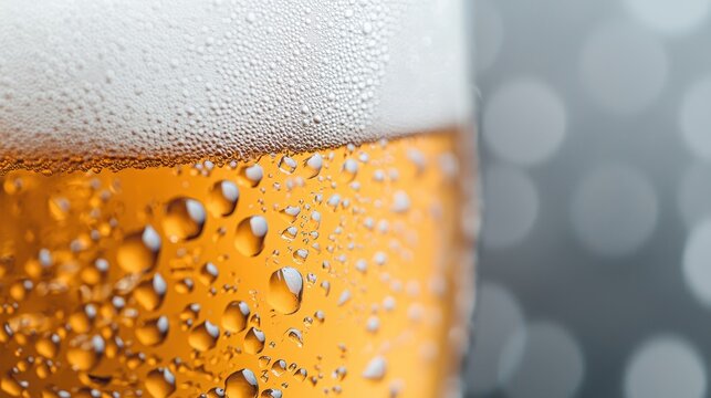 Close-up image of a cold beer glass with condensation droplets and a foamy head against a blurred background.