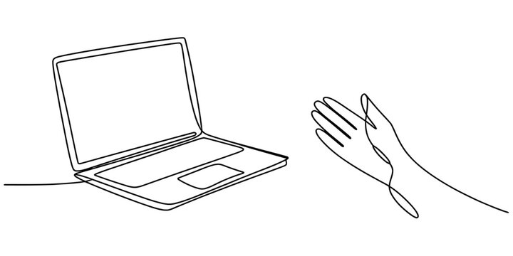 A single continuous line drawing of an open laptop computer positioned next to a human hand