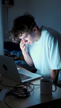 Exhausted Freelance Coder Working on Laptop at Night - Authentic Messy Desk