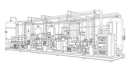 Fototapeta premium Detailed technical drawing of a complex industrial processing plant with interconnected pipes, tanks, and machinery.