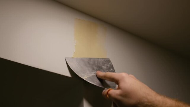 Worker applying wall putty with a spatula to repair surface imperfections. Interior renovation process showing smoothing and preparation of wall before painting in a home improvement project
