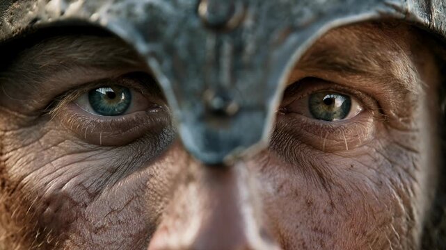 Intense close view of viking warrior eyes beneath helmet epic historical battle atmosphere strength courage and determined human spirit