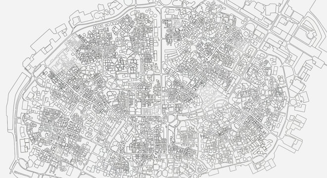 Detailed line drawing of an intricate urban city map showing streets and building blocks in a geometric pattern.