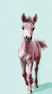 Majestic pink horse gallops freely across vibrant blue background symbolizing freedom and energy.