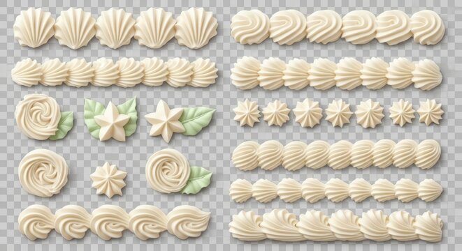 Whipped cream swirls and frosting borders, white buttercream cake decorations with green leaves, sweet icing piping set for bakery design