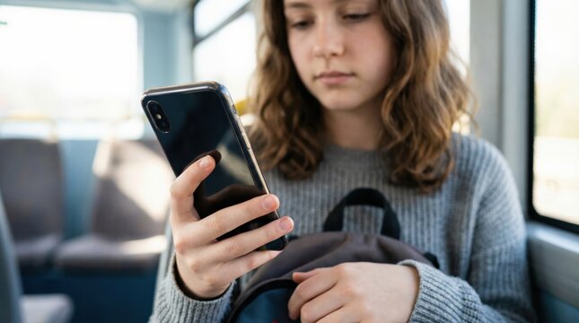 Privacy screen on phone held by British teenage girl commuting on bus