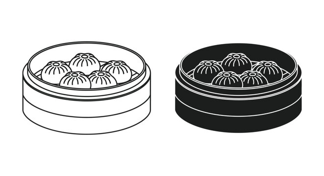 Two stacked bamboo steamers containing dim sum a black outline silhouette