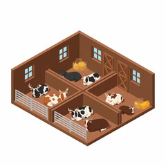 Obraz premium Isometric illustration of a farm barn with cows and goats.