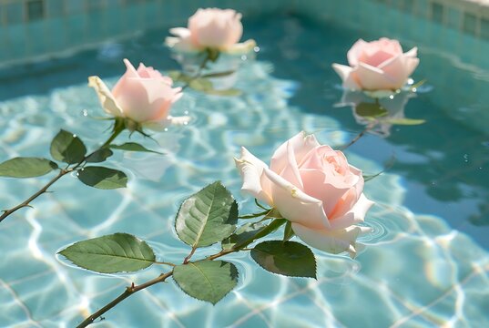 Elegant light pink roses floating on surface of crystal clear blue pool water reflecting bright summer sunlight outdoors.