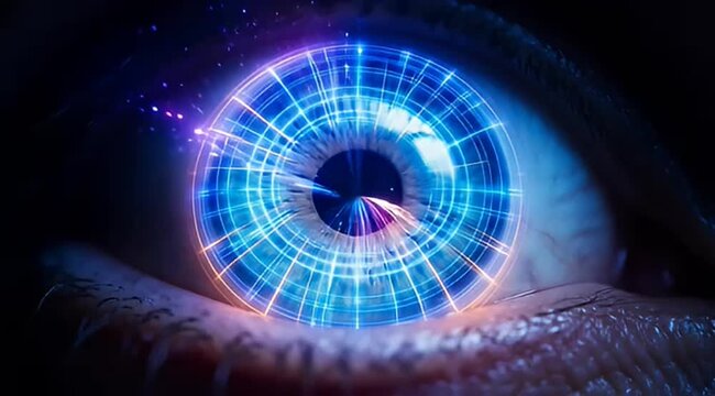 Futuristic cybernetic eye with digital HUD interface, biometric iris scan technology, high-tech human eyeball with glowing blue data overlay 4k