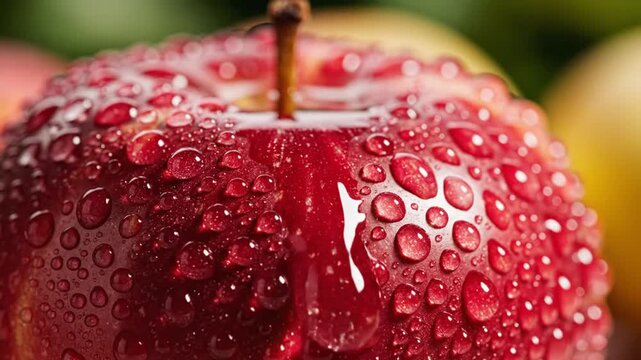 A juicy red apple with water droplets on its skin is shown up close outdoors