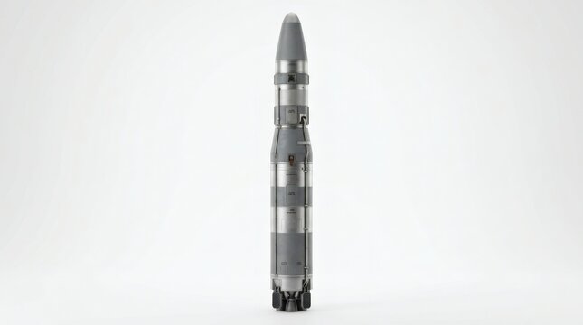 Clean Military Missile Vertical Centered Isolated on White Background, Guided Rocket Weapon with Minimal Design and Precision Engineering Structure
