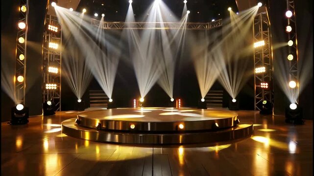 A brightly lit stage with a circular platform and stairs is set against a dark background with spotlights shining down.