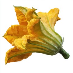 Fototapeta premium Yellow Zucchini Flower with Green Stem Detailed Texture Isolated White Background Vibrant Petals
