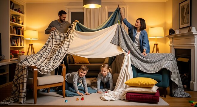 Family building a cozy blanket fort indoors creating cherished memories and enjoying quality time together on a relaxing evening
