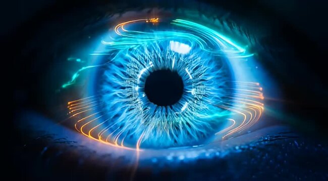 Futuristic digital blue eye with glowing data circuits, biometric scanning technology interface, high-tech human iris with neon light trails 4k