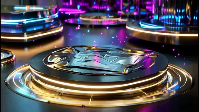A futuristic neon-lit stage showcases a large metallic emblem surrounded by glowing circular platforms in a dark environment with vibrant purple and blue lights.