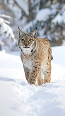 Fototapeta premium A large feline walks through snow with trees in background