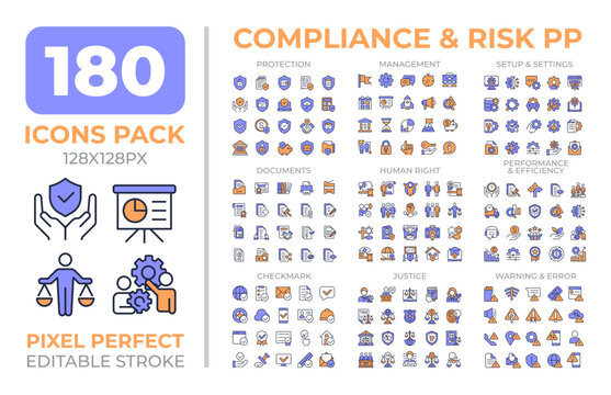 Compliance and risk colorful icons set collection. Privacy protection technology. Digital data security mega pack of flat line symbols, pixel perfect. Isolated vector illustrations. Editable stroke