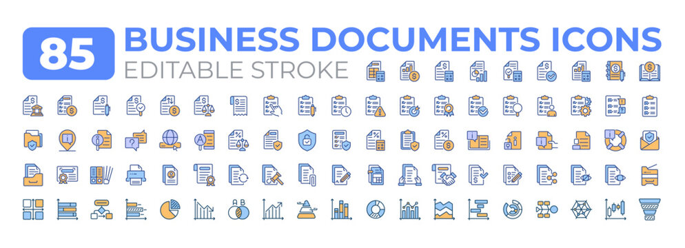 Business documents colorful icons big set. Corporate paperwork organization. Financial reporting and management iconset color linear symbols. Vector isolated flat illustrations. Editable stroke