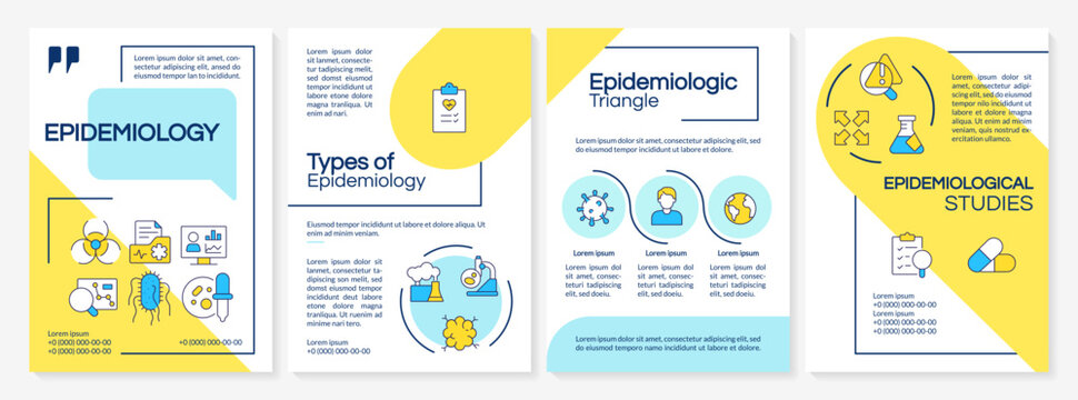 Types of epidemiology blue and yellow brochure layout. Patient examination, disease study. Leaflet advertising design with color line icons. Editable 4 pages. Questrial, Lato-Regular fonts used