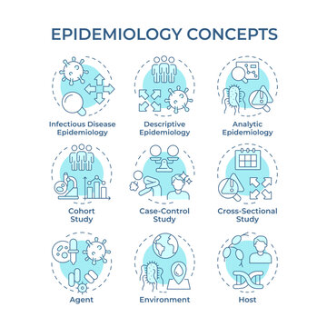 Epidemiology soft blue concept icons. Infectious diseases, medical research. Statistical analysis. Icon pack. Vector images. Round shape illustrations for presentation, booklet. Abstract idea