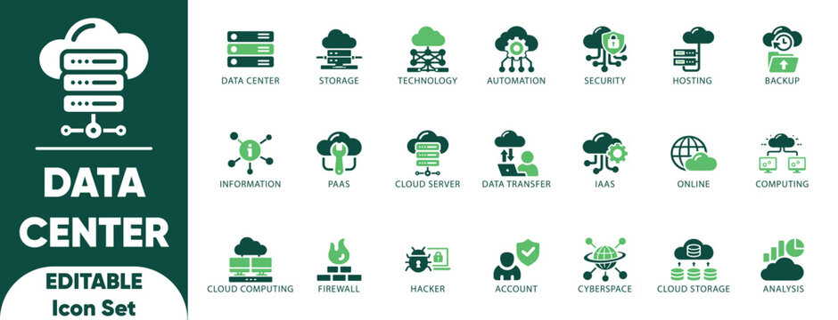 Data center icon set. hosting, infrastructure, backup, cloud storage, server rack, virtualization, database, and solid icons.